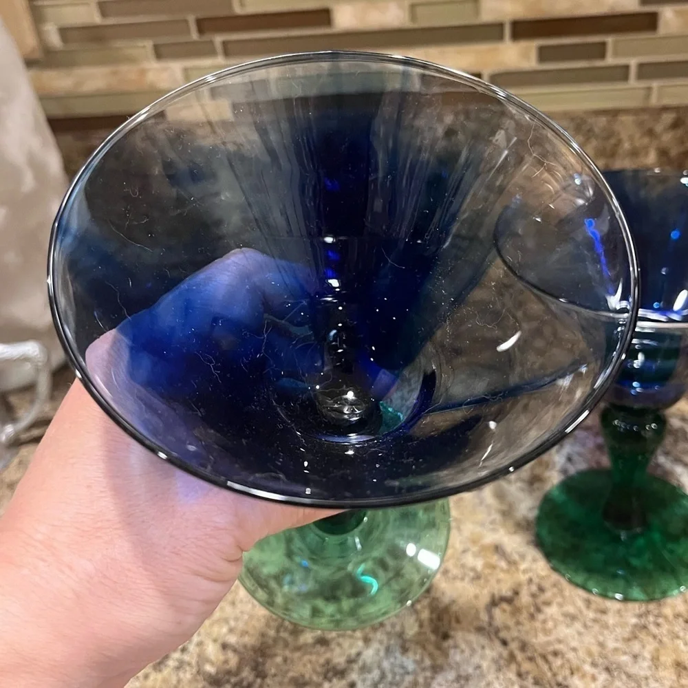 Vintage Libbey Marbleique Blue Swirl and Green Martini Glasses Set of 2